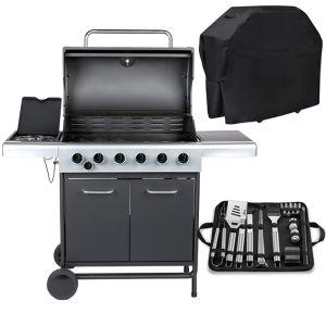 Embermann Prestige 6 Burner Gas Barbecue with Side Burner, Free Heavy-Duty Cover & Deluxe BBQ Tool Set 